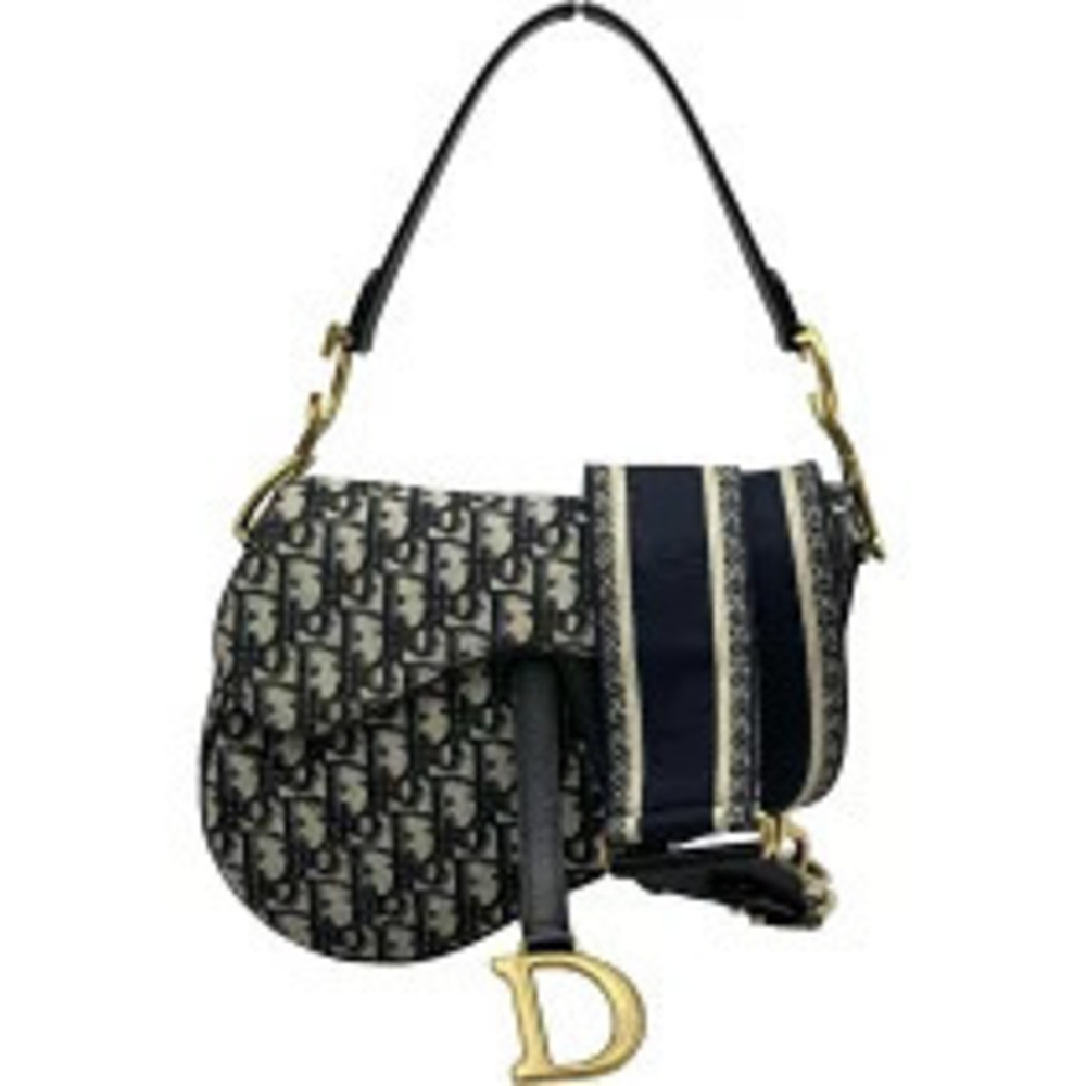 Christian Dior Oblique Saddle Bag Navy Blue Canvas Shoulder